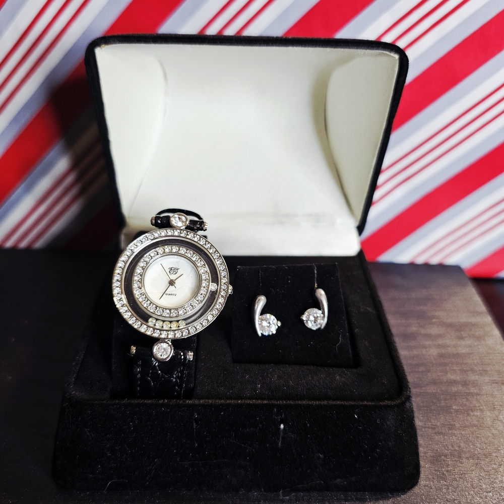 Elizabeth Taylor Luxurious Watch & Earing Set with Crystal Accents Preloved